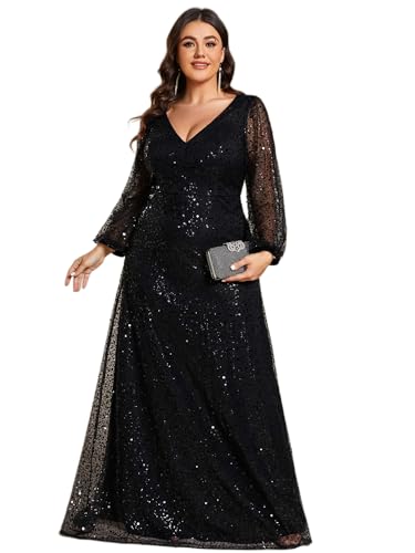 Ever-Pretty Women's Elegant A-Line V Neck Sheer Long Sleeves Plus Size Sequin Formal Dress Evening Gown
