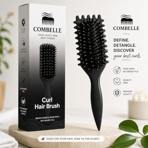Image of Combelle 5-in-1 Curl Hair Brush, Vegan Boar Bristles, Bio-Baked PLA Handle, Detangling and Frizz Control for Curly Hair (Black)