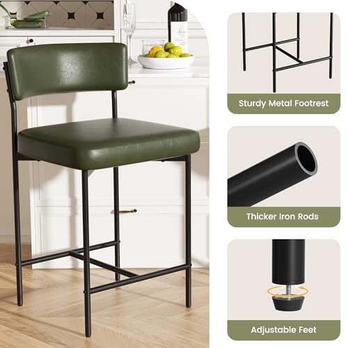 Image of Bar Stools, Faux Leather Counter Height Barstools with Curved Back, 25 Inch Upholstered Bar Chairs, Modern Counter Stools for Kitchen lsland, Green
