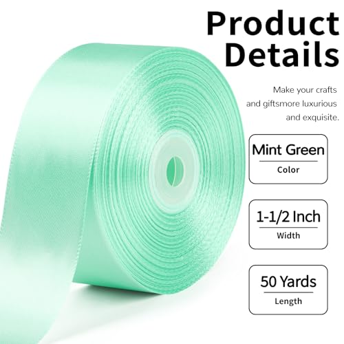 Image of Mauproy 1-1 /2 Inch Wide Mint Green Satin Ribbon, 50 Yards Solid Polyester Fabric Ribbon for Roses Making, Gift Wrapping, Flower Bouquets, Wedding Decorations, Handmade Crafts