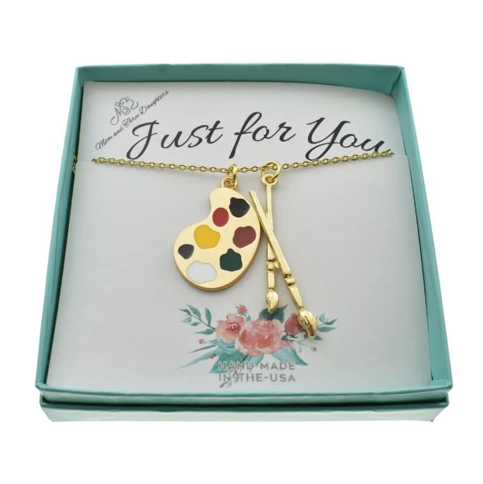 MOM & THREE DAUGHTERS Enamel Artist Palette and Paint Brush Necklace. Personalized Birthstone. Custom Chain Length.2