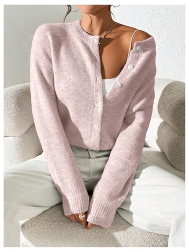Image of SweatyRocks Women's Fall Button Down Lightweight Cardigan Ribbed Knit Long Sleeve Crew Neck Sweater