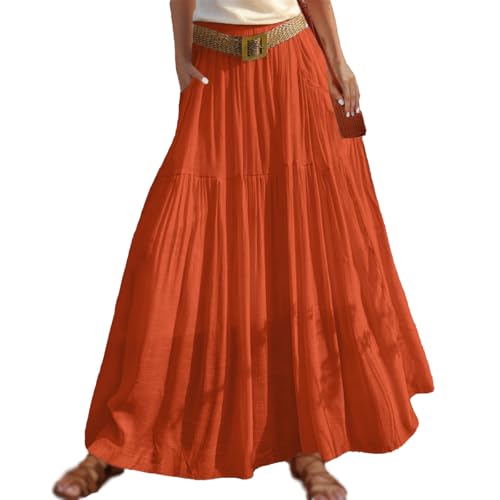 Women's Casual Boho Elastic Waist Cotton Linen A-Line Maxi Skirts, 2025 Fashion Soft Swing Beach Long Skirt with Pockets