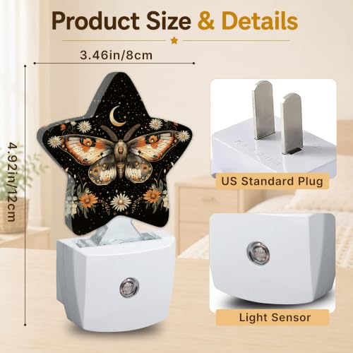 Image of Boho Moth Flower Star Night Light Plug in, Soft Glow Night Light for Kids Bedroom Nursery, Gentle Warm Light for Sleep, Compact Lamp for Hallway Bathroom