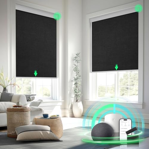 MANSNIX Smart Motorized Blinds with Remote Control, Blackout Roller Shades, Custom Smart Blinds with Valance, Cordless Electric Window Blinds & Automatic Shades (Black,34" Wx72 H)