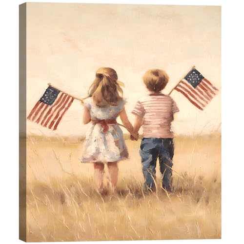 Image of Rustic Patriotic Kids Holding American Flags Wall Art, 4th of July Vintage Canvas Art, Independence Day Wall Decor, Small Framed Artwork for Kids Room, Office, Made in USA