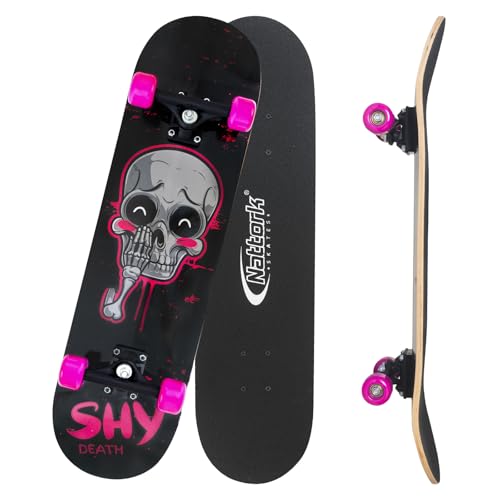 Nattork 31 Inch Complete Skateboard with PU Wheels, Wood 9 Layer Canadian Maple Trick Board for Boys Girls Youth Teens Gift for Beginners Pink Skull by Nattork - Used condition - CA$42.19
