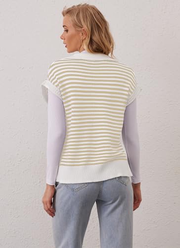 Image of Summer Sweater Vest for Women Knit Sleeveless Striped Johnny Collar Pullover Tank Tops V Neck Cap Sleeve Blouse
