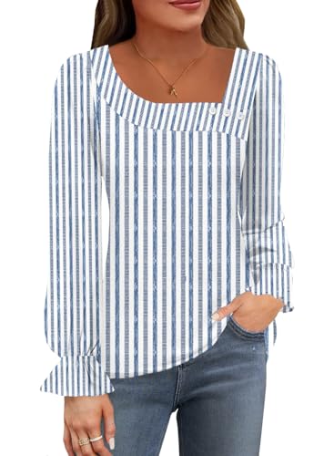 Womens Casual Tops Fashion Puff Long Sleeve Shirts Square Neck Button Blouses Outfits Fall Clothes