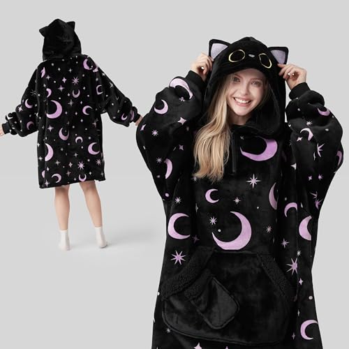 Image of Giggling Getup Wearable Blanket Hoodie for Women and Men Sherpa Fleece Hooded Blanket Sweatshirt Warm Cozy Sherpa Wearable Throw Oversized Hoodie with Giant Pocket & Sleeves for Adult Halloween Cat