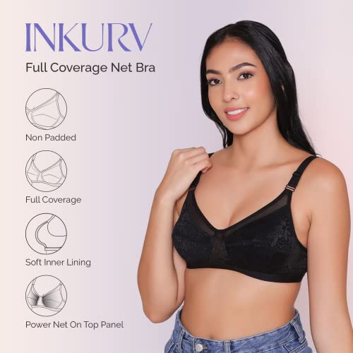 Image of INKURV Non-Padded Full Coverage Bra for Women with Cotton Blend Lining | Stylish and Stretchable Net Design | Fancy and Soft Bra for Women Daily use