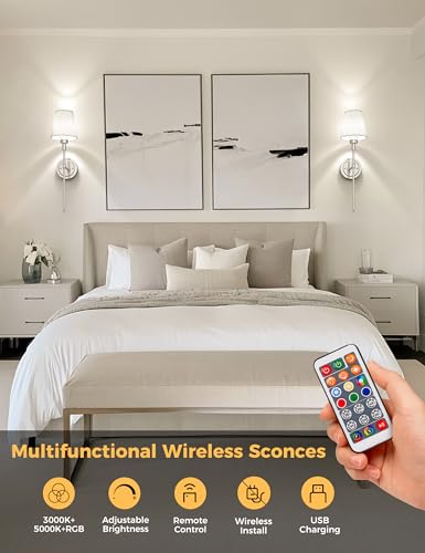 Image of DORESshop Battery Operated Wall Sconce Set of 2, Wireless Wall Light Easy to Install, 7 Color Rechargeable Wall Sconces, Sconce Wall Decor Set of 2 for Bedroom, Living Room, Chrome, 24.6in