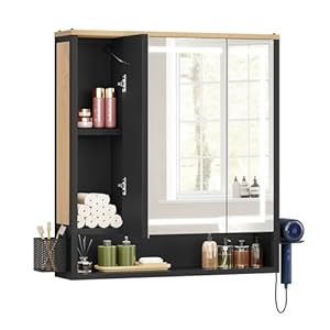 YITAHOME Spiegelschrank Bad mit Beleuchtung, 3 Türen LED Badezimmer Spiegelschrank, Steckdosen, Hängender Badezimmerschrank, Wandschrank, Badezimmerspiegel, 70W x 15D x 75H cm, Braun and Schwarz
