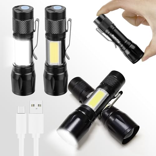 KunHe 4 Pack Rechargeable Flashlights Zoomable mini Small Bright Clip-On Light EDC Flash Light with Side COB Light for Camping Home Emergency