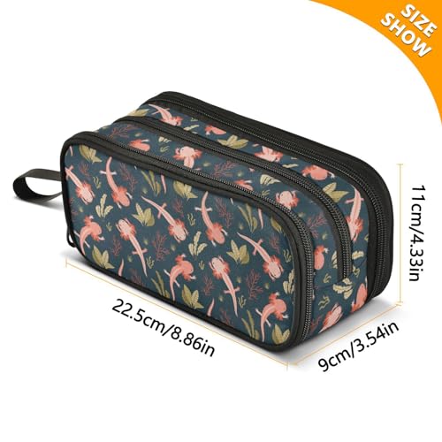 Image of Cute Axolotl Salamander Pencil Case Big Capacity Handheld 3 Compartments Pencil Pouch Portable Large Storage Canvas Pencil Bag for Boys Girls Adults Students