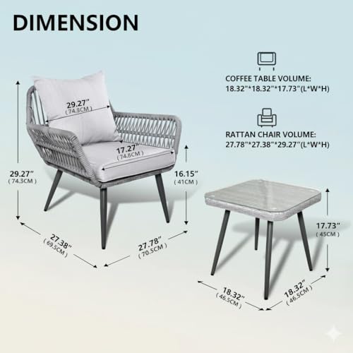 Image of LOCCUS 3 PCS Outdoor Rattan Furniture Set, Patio Wicker Bistro Chairs with Glass Table, All-Weather Conversation Set for Balcony, Terrace & Backyard (Grey)