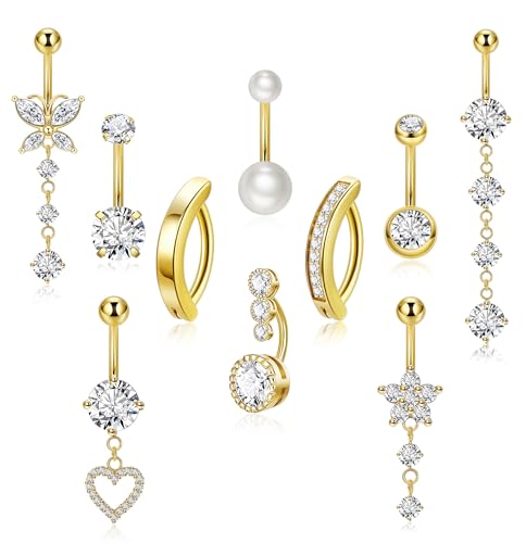 10pcs 14k Gold Plated 14G Belly Button Rings for Women Surgical Steel Dangle Belly Rings CZ Clicker Belly Button Rings Hypoallergenic Heart Flower Butterfly Navel Piercing Jewelry