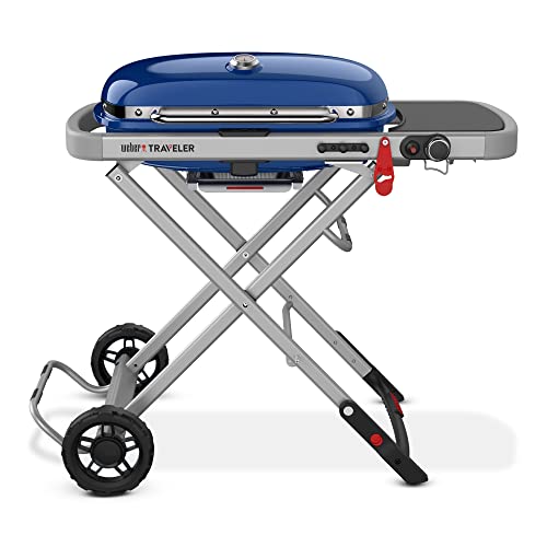 Weber Traveler Portable Gas Grill – Blue Edition | Compact Foldable Outdoor BBQ with Large Cooking Surface, One-Hand Setup, Travel-Ready Design, Ideal for Camping, Tailgating, and Road Trips