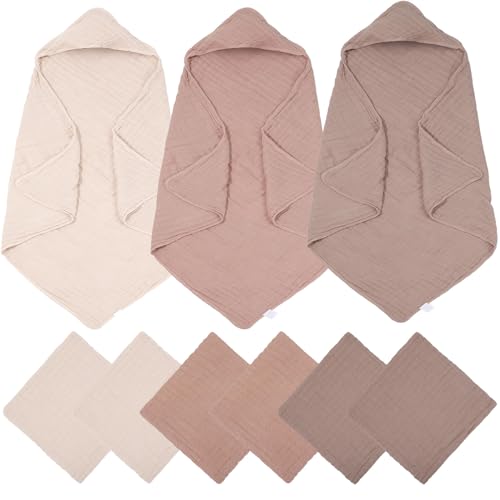 Image of Cozypower 9 Pcs Baby Hooded Bath Towel and Washcloth Sets Muslin Cotton Hooded Baby Towel for Newborn Large 32 x 32 Inch Infant Toddler Hooded Towels Baby Towels with Hood Soft and Absorbent (Brown)