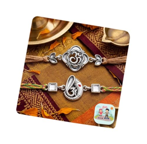 Image of CraftVatika Silver Rakhi for Brothers with Gift, Designer Om Ganesha Rakhi Combo Set of 2, Rakhis for Rakshabandhan, Raki with Fridge Magnet Gift, Best Wishes Card and Tillak Set, Premium Threads