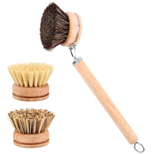 Bamboo Dish Brush with Handle, 3 Natural Bristle Heads (Horsehair, Sisal, Palm) Replaceable Heads, Wooden Dish Brush for Washing and Cleaning Pot Pan Bowl