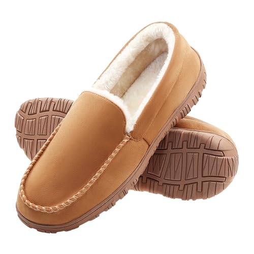 FLYFUPPY Mens Moccasin Slippers Memory Foam Slippers Warm Plush Fluffy Indoor/Outdoor House Shoes Beige US 10