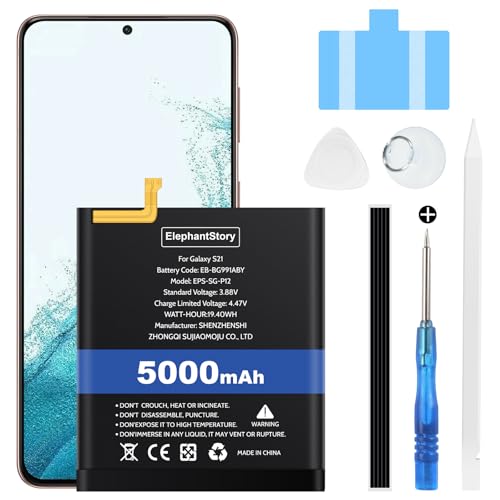 ElephantStory Battery for Galaxy S21, 5000 mAh Battery for Samsung Galaxy S21 SM-G991U1 with Repair Kits