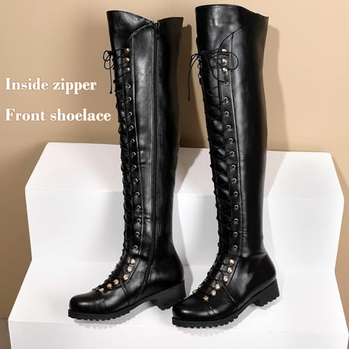 WUIWUIYU Women's Knee-High Boots Combat Riding Over Knee High Boots Lace Up Motorcycle Boots with Inside Zipper4