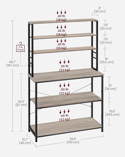 Image of VASAGLE Coffee Bar, 39.4 Inches Baker's Rack for Kitchen with Storage, 6-Tier Kitchen Shelves with 6 Hooks, Microwave Stand, Industrial, Heather Greige and Ink Black UKKS039K02