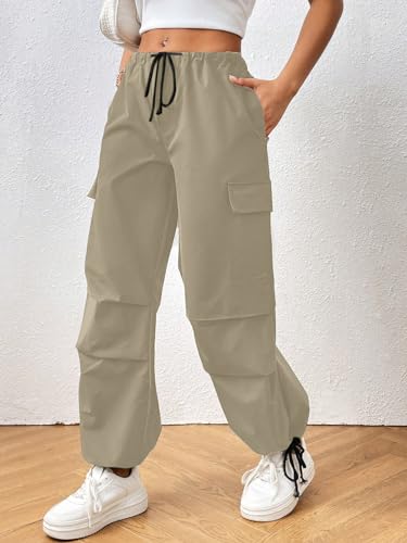 Image of Aahwan Women's & Girl's Solid Drawstring Waist Flap Pocket Side Parachute Regular Fit low Rise Cargo Pant