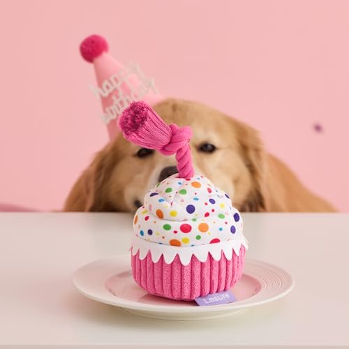 LE SURE Dog Birthday Cake Toy - Cute Squeaky Dog Toy for Gentle Chewers with Interactive Tug Rope, Plush Interactive Toy for Adult Dogs Birthday Party, Standard, Pink - image 8