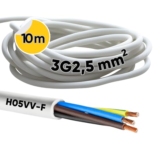 Kalitec H05VV-F - Cable de manguera (10 m, 3 x 2,5 mm², cable de alimentación 3G2,5 mm², con conductor de protección, cable de PVC para interiores, cable eléctrico blanco, cable de lámpara, cable
