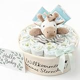 Windeltorte neutral | Taufgeschenk | Geschenk zur Geburt | Canvaskorb Ø 25 cm | 18 Premiumwindeln Größe 2 | Zebra Schmusetuch | 2x Feuchttücher | Grußkarte „Hallo Baby“