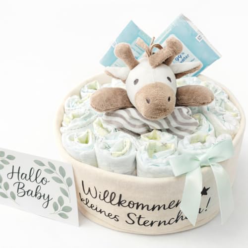 Windeltorte neutral | Taufgeschenk | Geschenk zur Geburt | Canvaskorb Ø 25 cm | 18 Premiumwindeln Größe 2 | Zebra Schmusetuch | 2x Feuchttücher | Grußkarte „Hallo Baby“