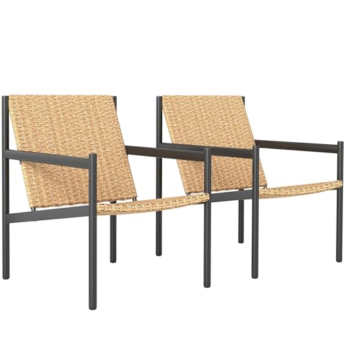 Outsunny Juego de 2 Sillas de Ratán de Jardín Sillas para Exterior Resistentes a la Intemperie con Reposabrazos Respaldo Inclinado y Estructura de Acero Carga 120 kg para Terraza Patio Balcón Natural