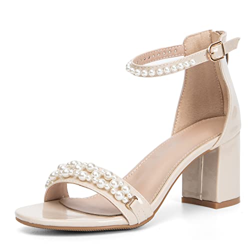 WOJWSKI Women's Heels Sandals for Women Open Toe Fashion Pearls Platform Heeled Sandals Ankle Strap Block Chunky Low Heel Pump Sandal Party Wedding Dress Shoe