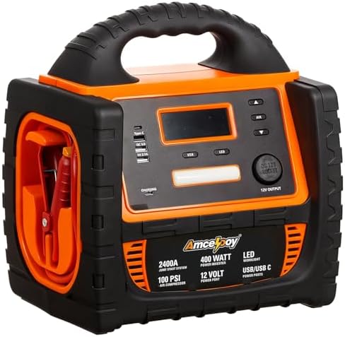 2400A Car Battery Jump Starter and Portable Power Station – Starts 8.0L Gas & 8.0L Diesel – 6-in-1 Jump Starter with Air Compressor 100 PSI Tire Inflator – 400 Watt Inverter AC/DC/USB Outlets
