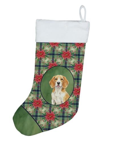 Caroline's Treasures Lemon and White Beagle Christmas Poinsettas Holiday Stocking Double-Sided Print, Polyester Suede,11x18, Made in USA