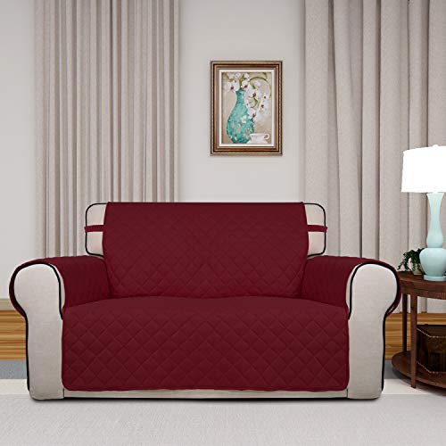 Image of PureFit Reversible Quilted Sofa Cover, Water Resistant Slipcover Furniture Protector, Washable Couch Cover with Non Slip and Elastic Straps for Kids, Pets (Loveseat, Red /Ivory)