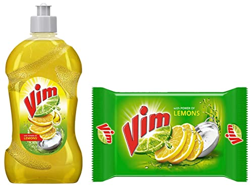 Image of Vim Dishwash Liquid Gel Lemon 500 ml Bottle & Dishwash Bar Lemon, Removes Stain And Grease With Power Of Lemon, 300 g