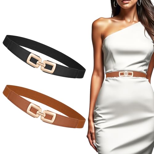 2 Pack Skinny Elastic Waist Belt Gold Metal Buckle Stretchy Thin Belt Retro Stretchy Belts for Women Jeans Dresses