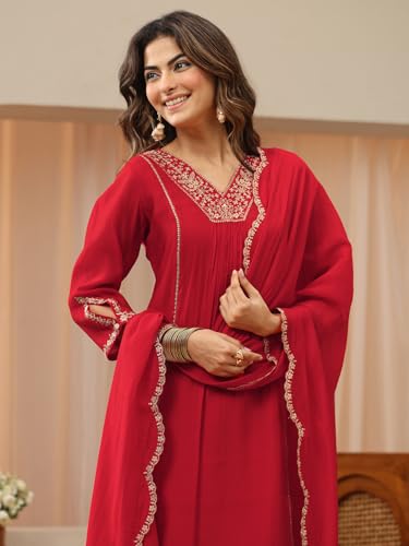 Image of Libas Embellished Silk Blend A Line Kurta With Trouser and Dupatta | ethnic wear | bridal suit | wedding dress | occasion wear