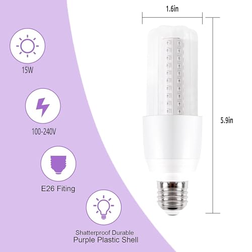 Image of LED Black Light Bulb 15W Blacklight Bulbs LED Not-Dimmable, 120V E26 Standard Base, UVA Level 395-400nm, Glow in The Dark for Body Paint, Blacklights Party, Fluorescent Poster- 2 Pack