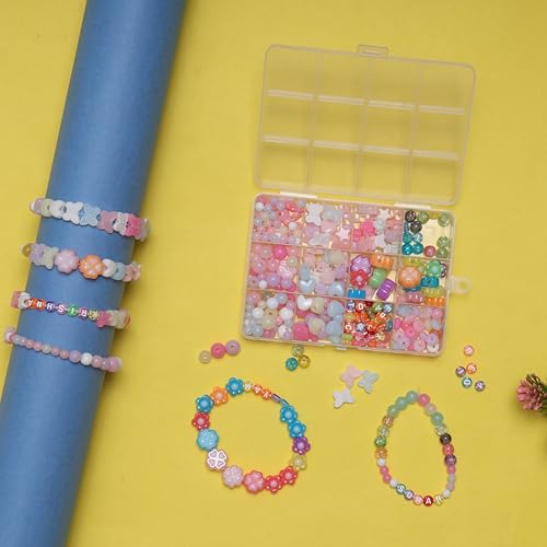 Image of Ambitieux DIY Bracelet Making Kit for Girls - 12 Types 340+ pcs Colorful Beads with 8 pcs Charms, Elastic Thread, Earrings, Clasps & Rings - Jewellery Craft Kit for Kids, Birthday Return Gift, Rakhi Special Set for 2 3 4 5 6 7 8 9 10 years (Pink shade kit)