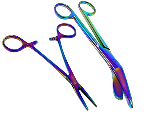 Heavy Duty Multi Rainbow Color Lister Bandage Trauma Shears Scissors + Hemostat Forceps Straight PREMIUM QUALITY (A2ZSCILAB) (7.25