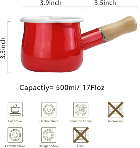 YumCute Home Mini Enamel Milk Pot 4 Inch 17 Oz Dual spout with Wooden Handle, Small Sauce Pan Perfect Size for Heating Smaller Liquid Portions (Red)
