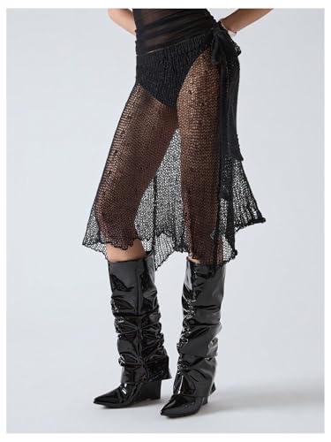 MakeMeChic Women's A Line Midi Skirt Tie Side Mesh Sheer Asymmetrical Skirts Club Wear3