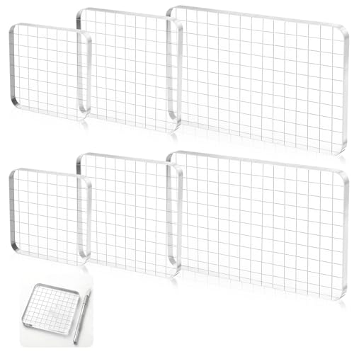 6 Pcs Large Thick Acrylic Stamping Blocks Set with Grids, 3 Sizes Clear Stamp Block for Card Making, Crafting, DIY Scrapbooking & Journaling - Non-Slip Crystal Stamp Base Tool for Silicone Stamps