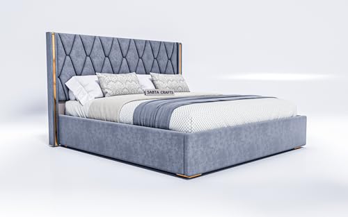 Image of Acacia Modern Upholstered King Size Bed with Hydraulic Storage for Bedroom | Wooden Furniture Double Beds for Home & Hotels | Platform Cot Bed with Upholstery Fabric, 6.5 x 6 Ft, Sheesham Wood, Grey