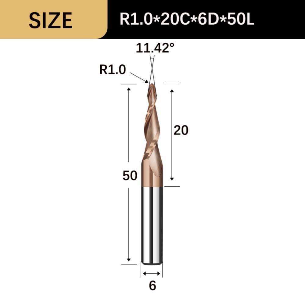 Frezy stożkowe spiralne - 3,175/4/6 mm frezy z końcówką kulistą do precyzyjnej obróbki metalu i drewna, 1 szt.(R1.0x20Cx6Dx50L)